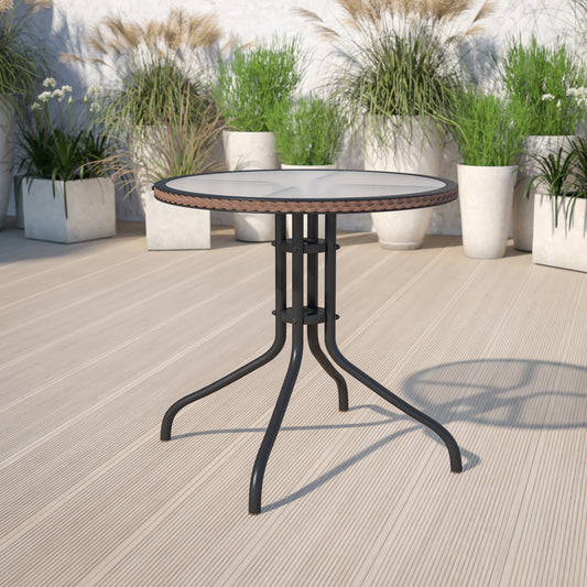 Barker 28'' Round Tempered Glass Metal Table with Dark Brown Rattan Edging Clear Top/Dark Brown Frame