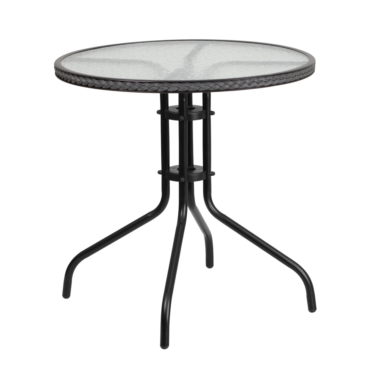 Barker 28'' Round Tempered Glass Metal Table with Gray Rattan Edging Clear Top/Gray Frame