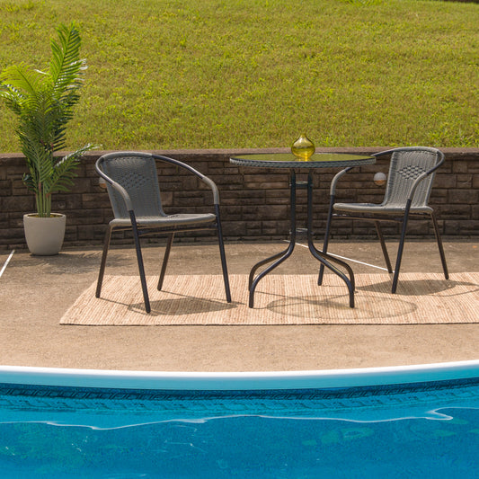 Barker 28'' Round Tempered Glass Metal Table with Gray Rattan Edging Clear Top/Gray Frame
