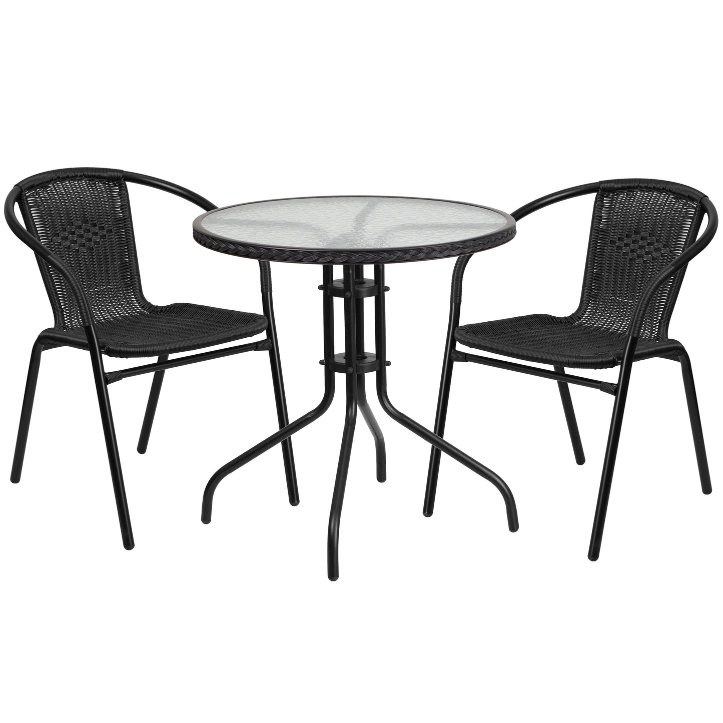 Lila 28'' Round Glass Metal Table with Black Rattan Edging and 2 Black Rattan Stack Chairs Black