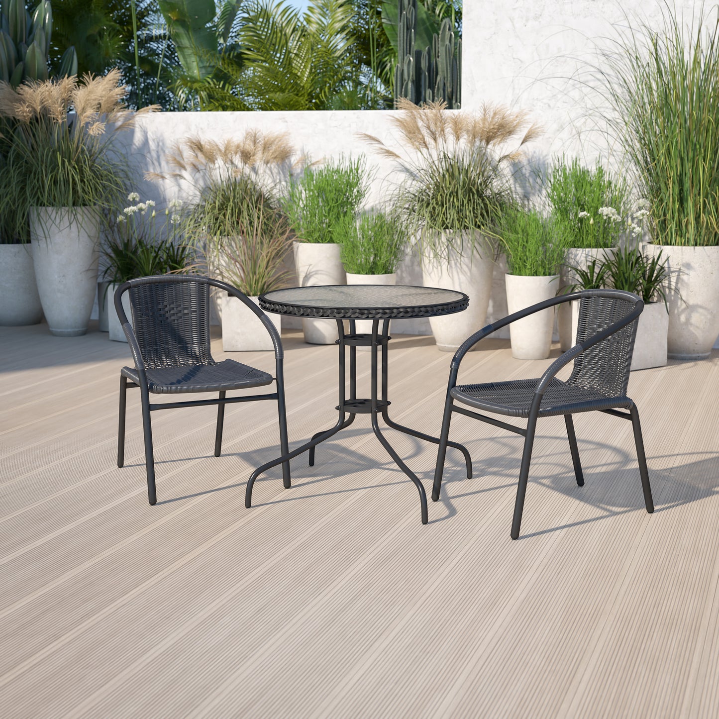 Lila 28'' Round Glass Metal Table with Black Rattan Edging and 2 Black Rattan Stack Chairs Black