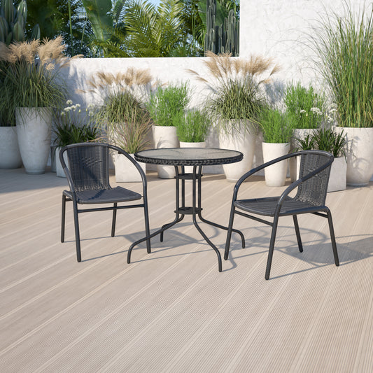 Lila 28'' Round Glass Metal Table with Black Rattan Edging and 2 Black Rattan Stack Chairs Black