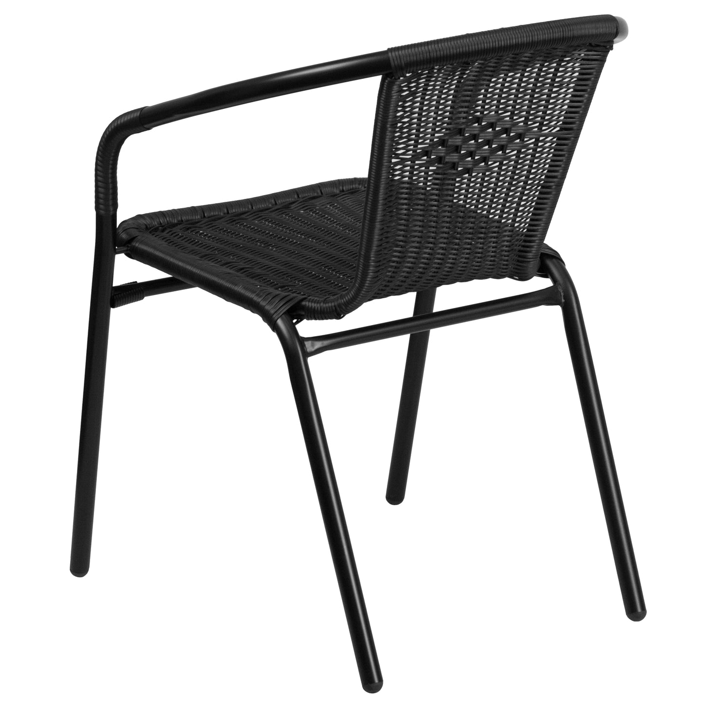 Lila 28'' Round Glass Metal Table with Black Rattan Edging and 2 Black Rattan Stack Chairs Black
