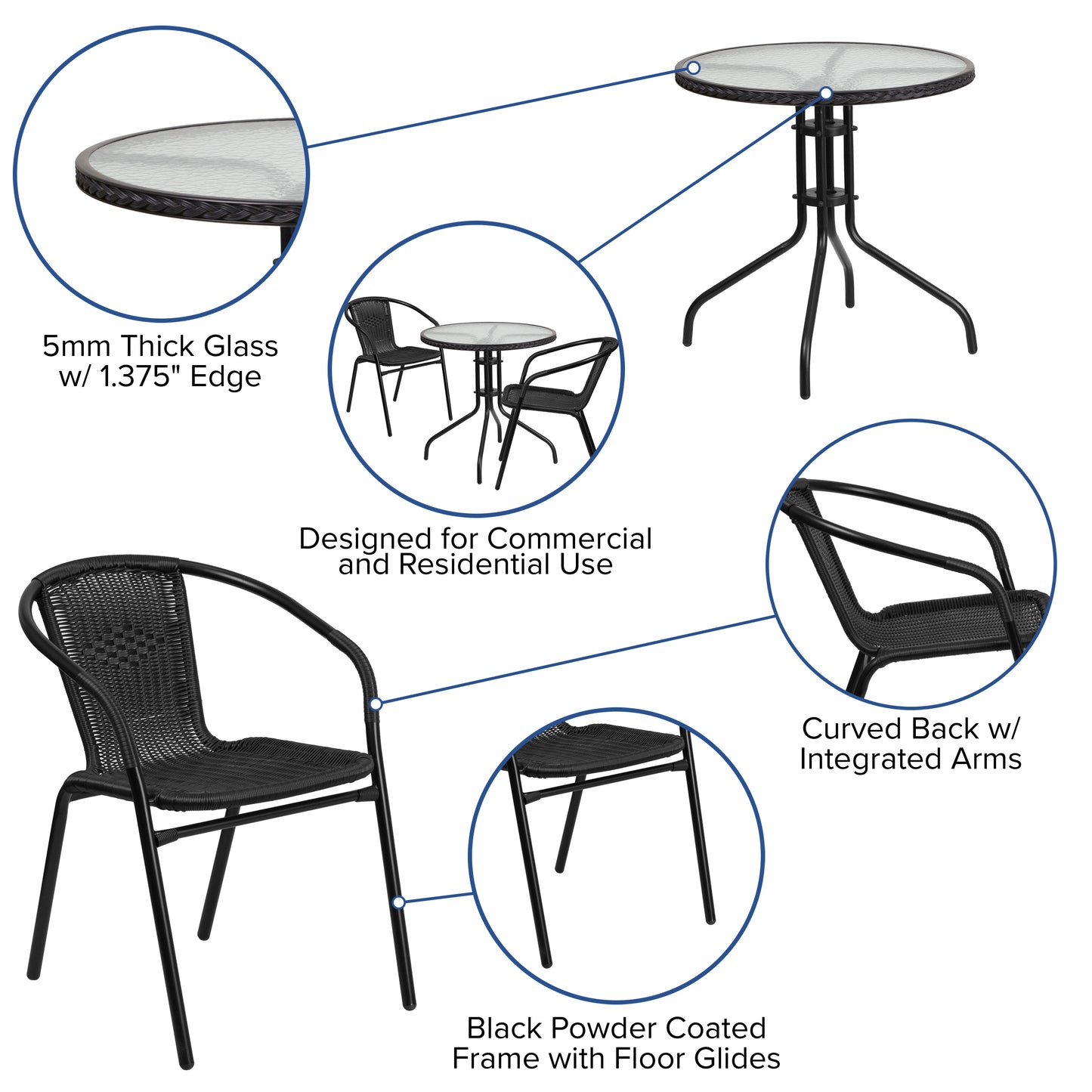 Lila 28'' Round Glass Metal Table with Black Rattan Edging and 2 Black Rattan Stack Chairs Black