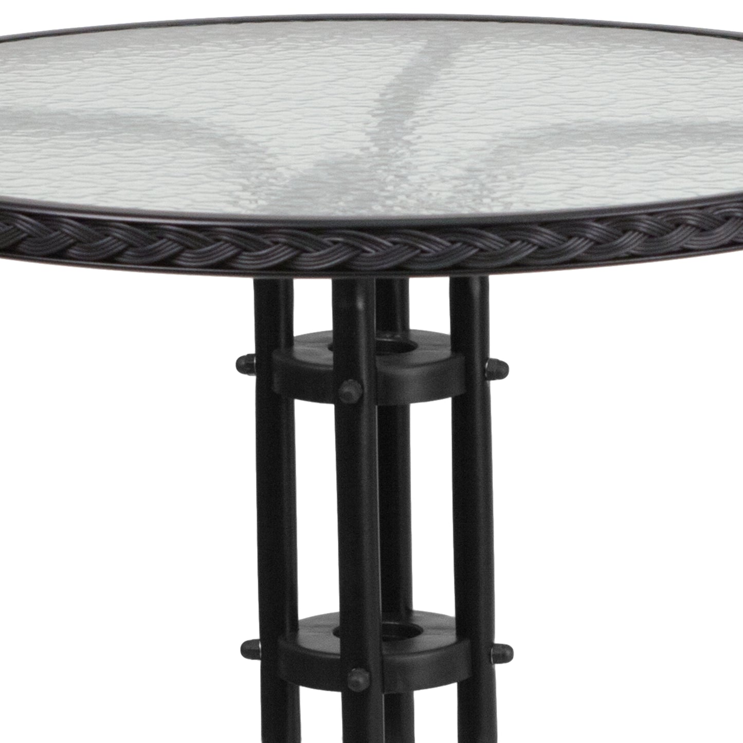 Lila 28'' Round Glass Metal Table with Black Rattan Edging and 2 Black Rattan Stack Chairs Black