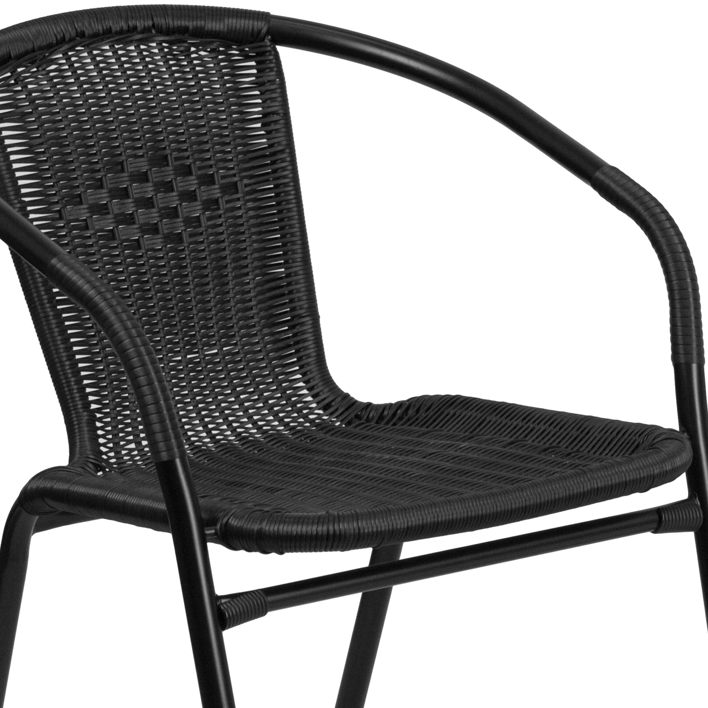 Lila 28'' Round Glass Metal Table with Black Rattan Edging and 2 Black Rattan Stack Chairs Black