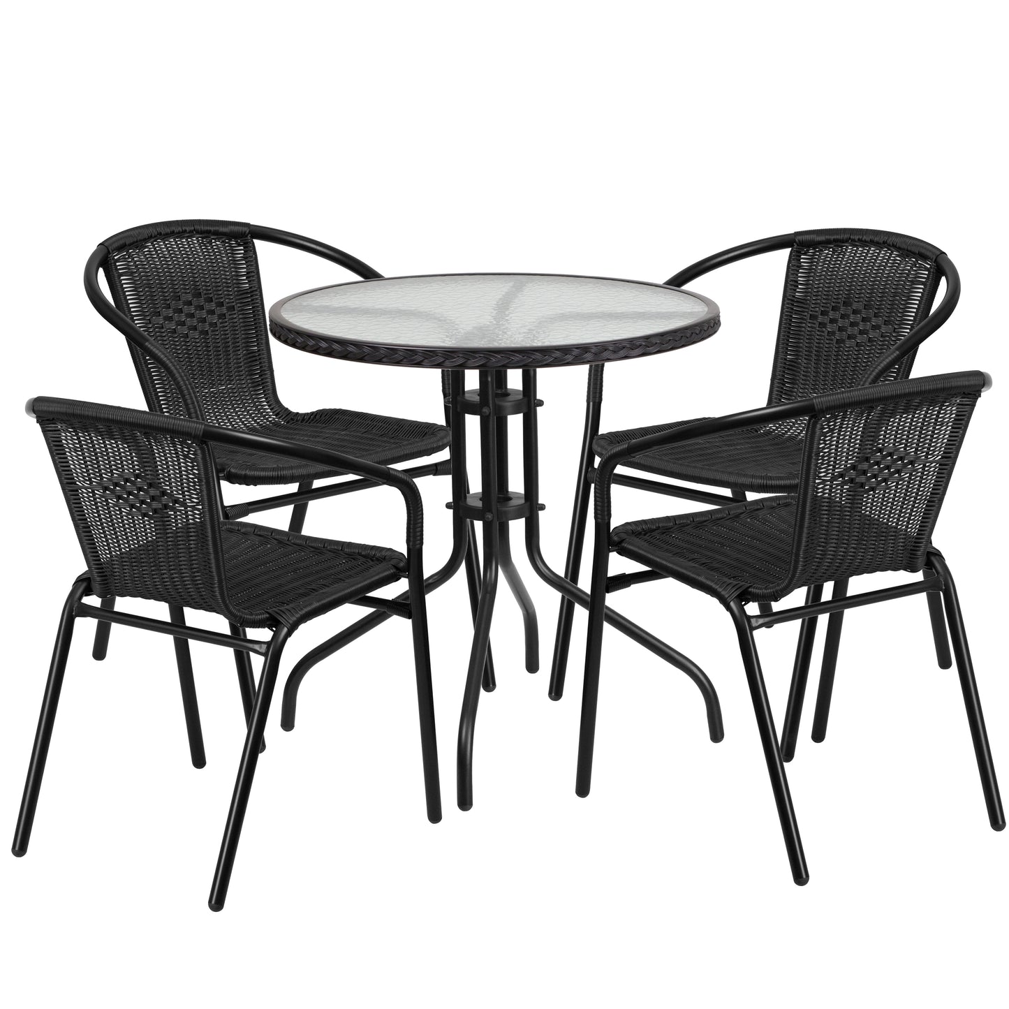 Lila 28'' Round Glass Metal Table with Black Rattan Edging and 4 Black Rattan Stack Chairs Black