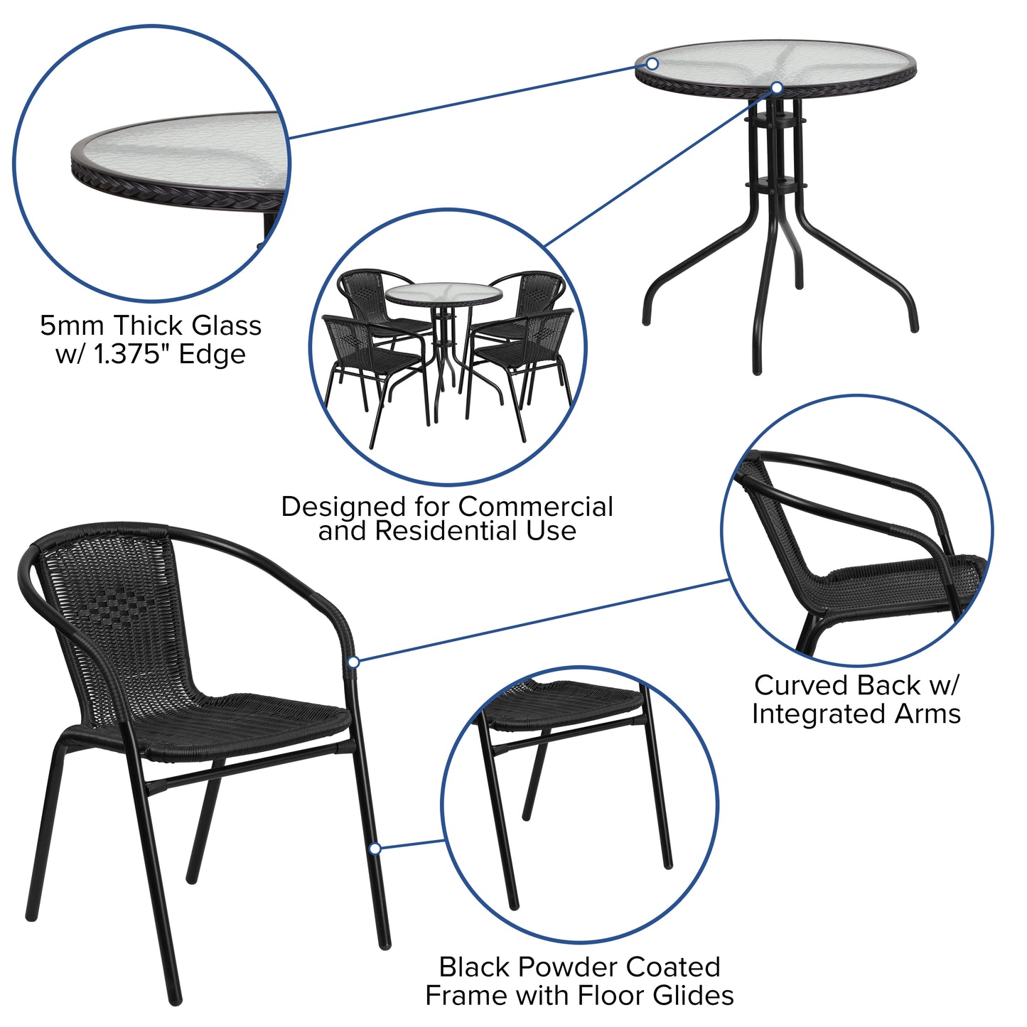 Lila 28'' Round Glass Metal Table with Black Rattan Edging and 4 Black Rattan Stack Chairs Black