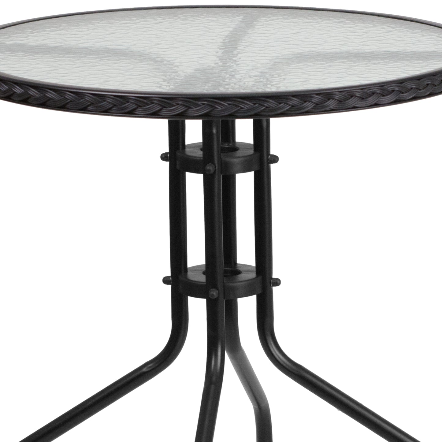 Lila 28'' Round Glass Metal Table with Black Rattan Edging and 4 Black Rattan Stack Chairs Black