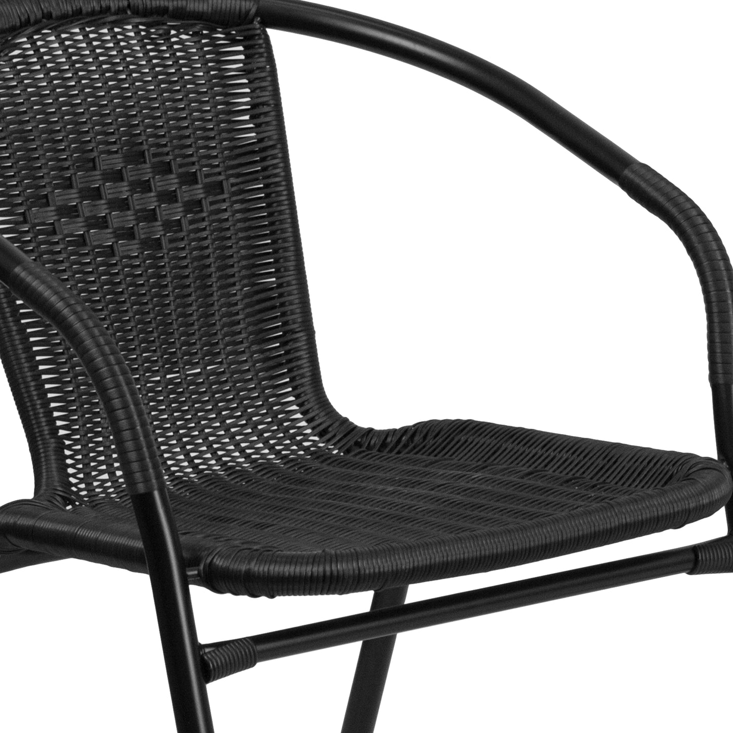 Lila 28'' Round Glass Metal Table with Black Rattan Edging and 4 Black Rattan Stack Chairs Black