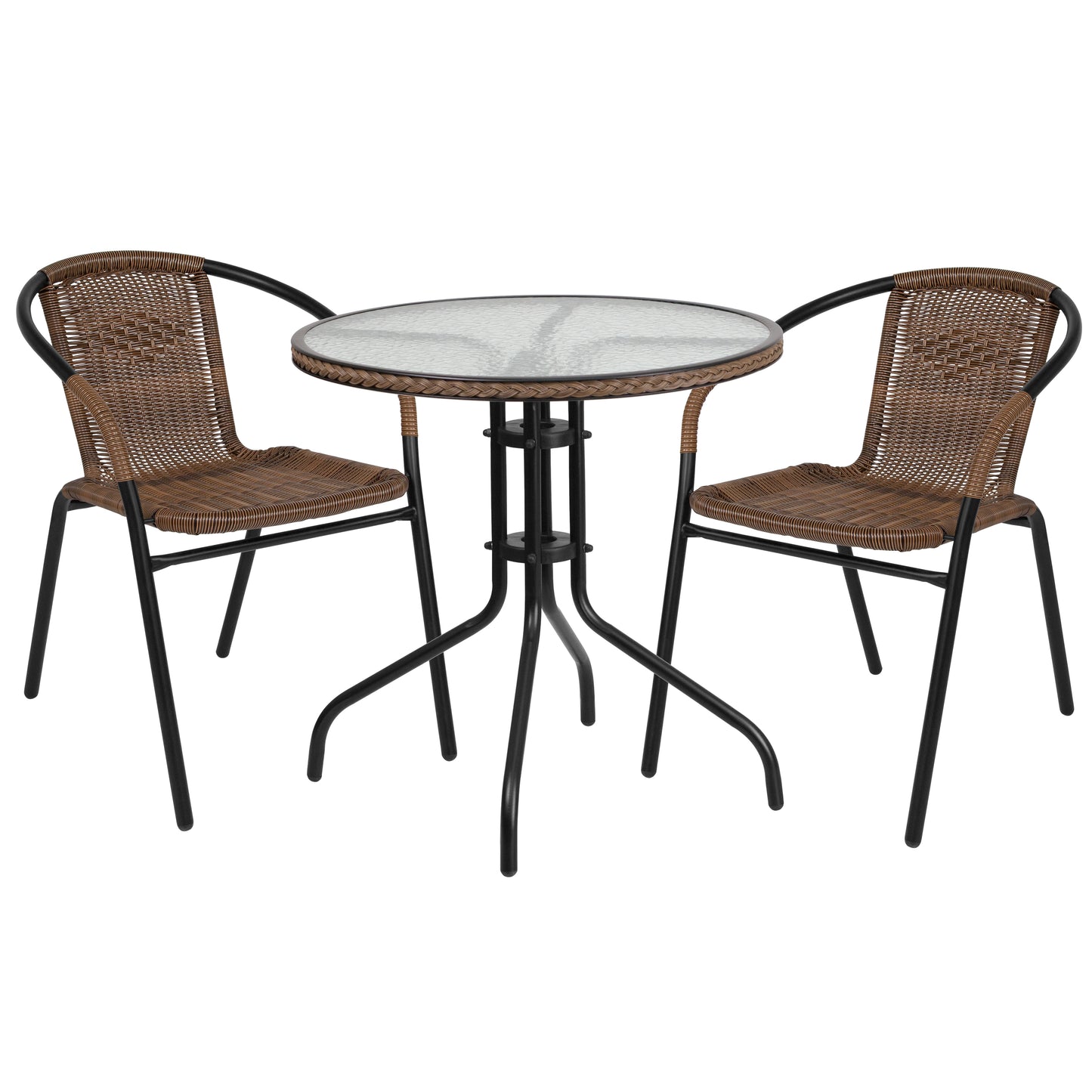 Lila 28'' Round Glass Metal Table with Dark Brown Rattan Edging and 2 Dark Brown Rattan Stack Chairs Dark Brown
