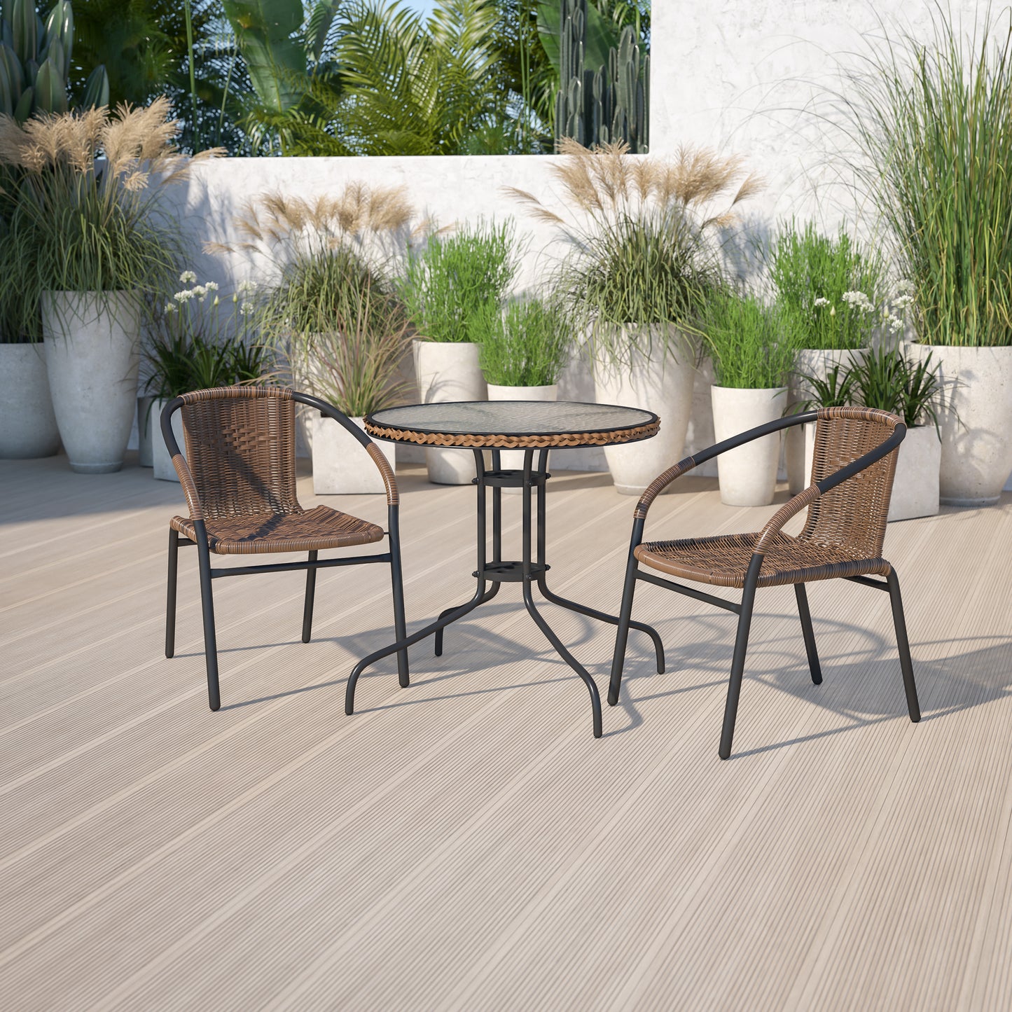 Lila 28'' Round Glass Metal Table with Dark Brown Rattan Edging and 2 Dark Brown Rattan Stack Chairs Dark Brown