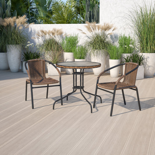 Lila 28'' Round Glass Metal Table with Dark Brown Rattan Edging and 2 Dark Brown Rattan Stack Chairs Dark Brown