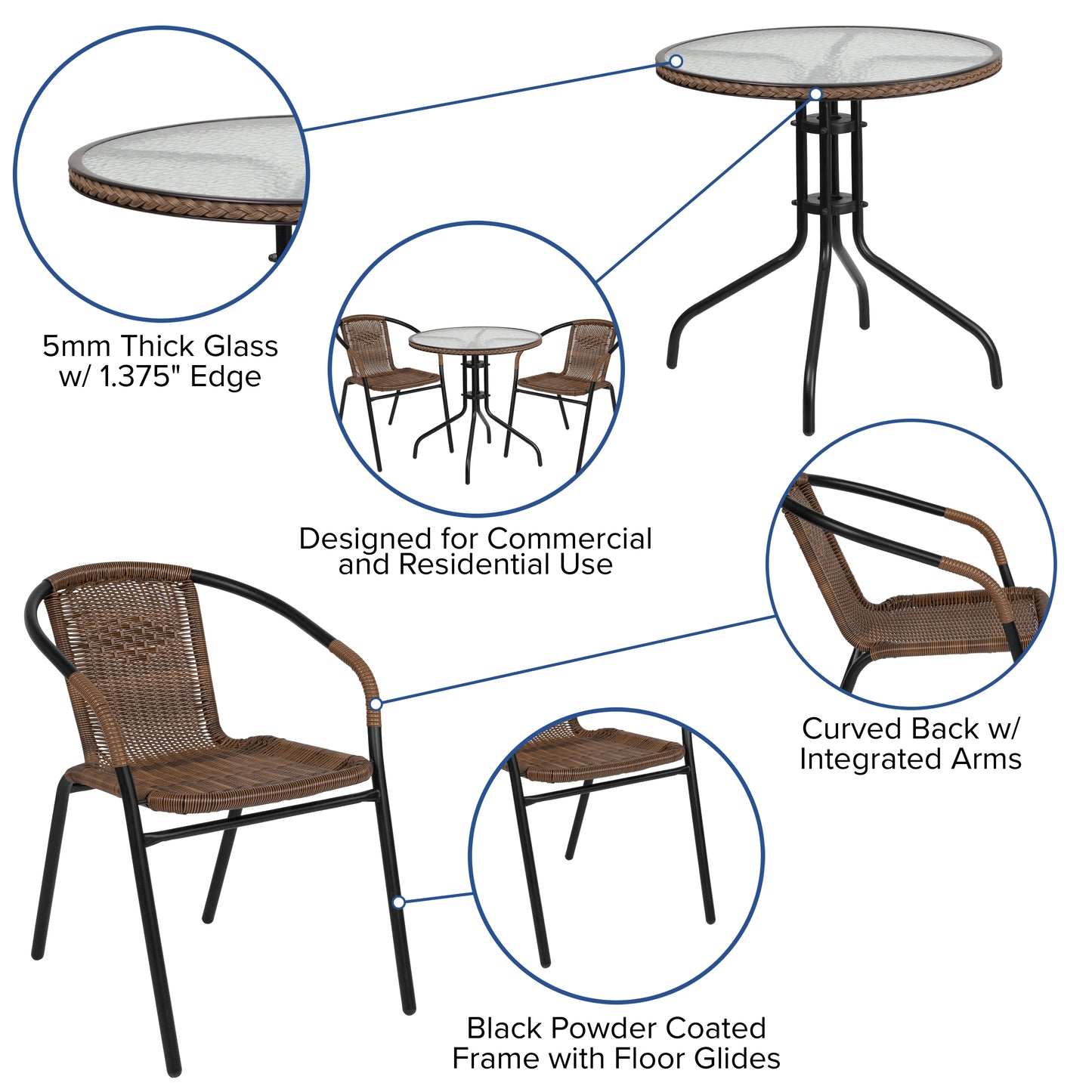Lila 28'' Round Glass Metal Table with Dark Brown Rattan Edging and 2 Dark Brown Rattan Stack Chairs Dark Brown