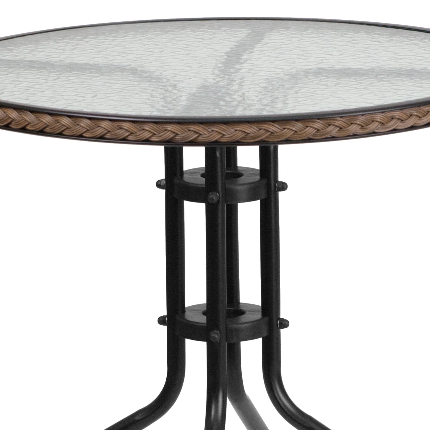 Lila 28'' Round Glass Metal Table with Dark Brown Rattan Edging and 2 Dark Brown Rattan Stack Chairs Dark Brown