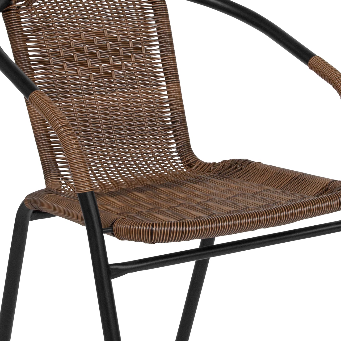 Lila 28'' Round Glass Metal Table with Dark Brown Rattan Edging and 2 Dark Brown Rattan Stack Chairs Dark Brown