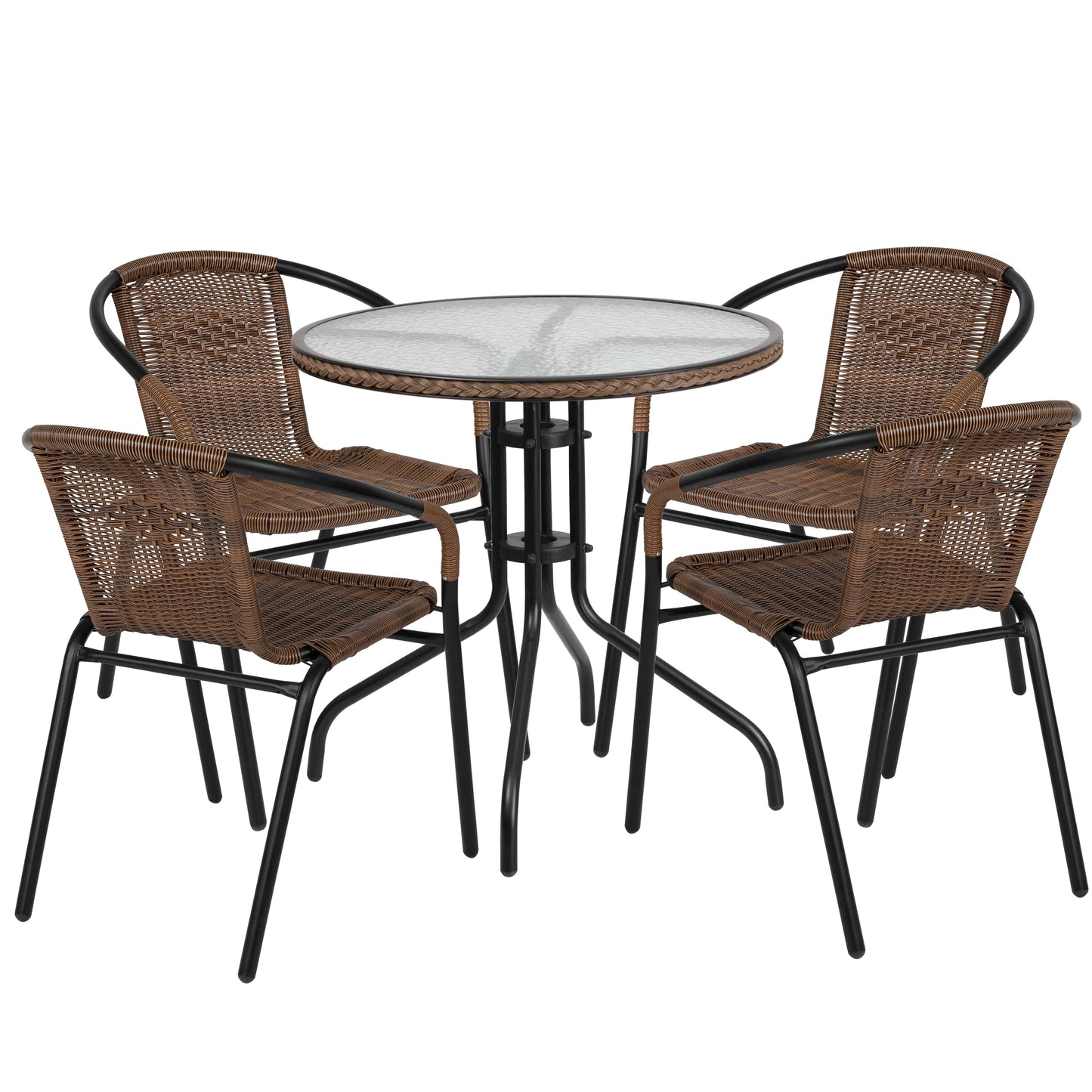 Lila 28'' Round Glass Metal Table with Dark Brown Rattan Edging and 4 Dark Brown Rattan Stack Chairs Dark Brown