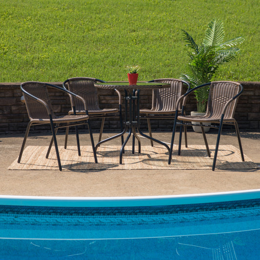 Lila 28'' Round Glass Metal Table with Dark Brown Rattan Edging and 4 Dark Brown Rattan Stack Chairs Dark Brown