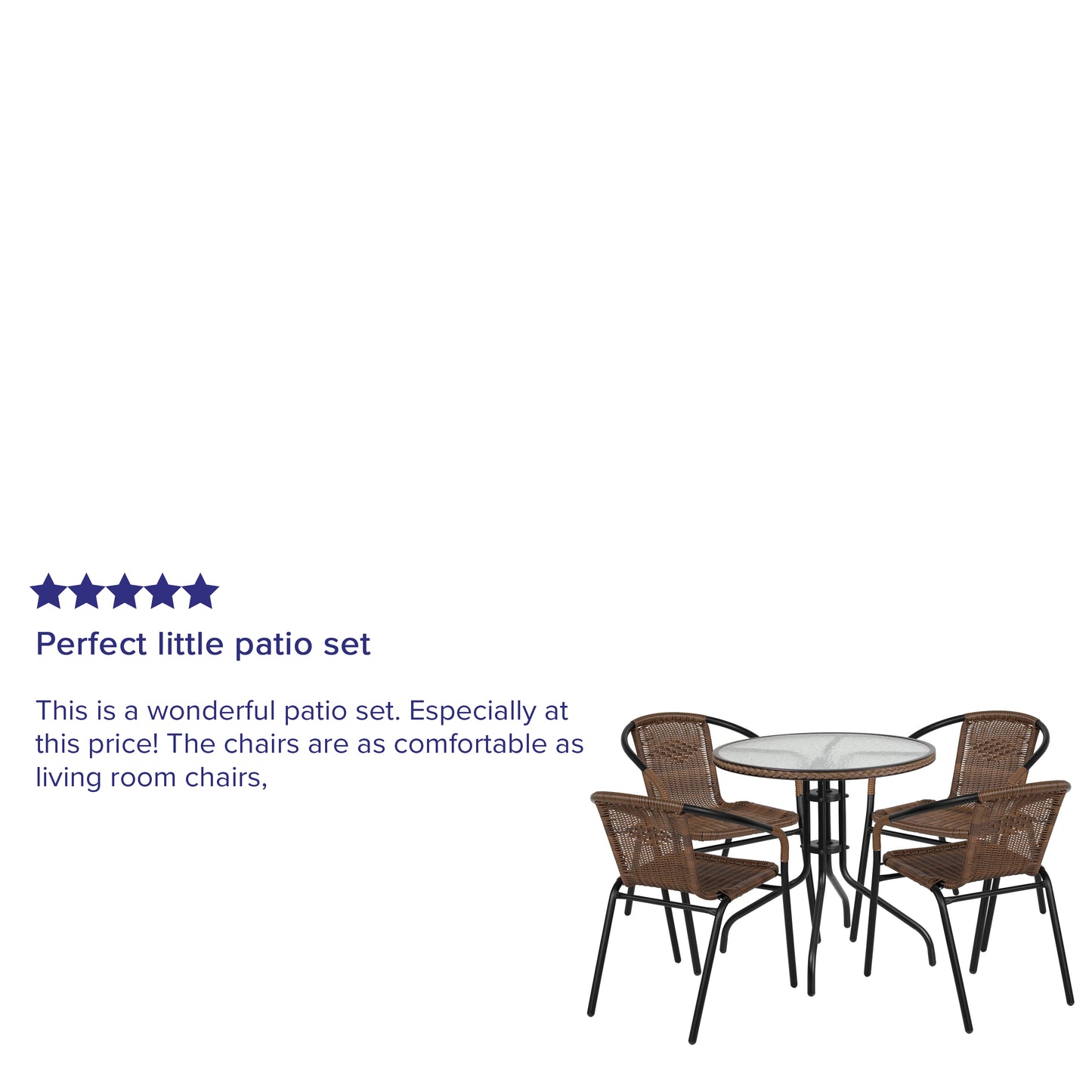 Lila 28'' Round Glass Metal Table with Dark Brown Rattan Edging and 4 Dark Brown Rattan Stack Chairs Dark Brown