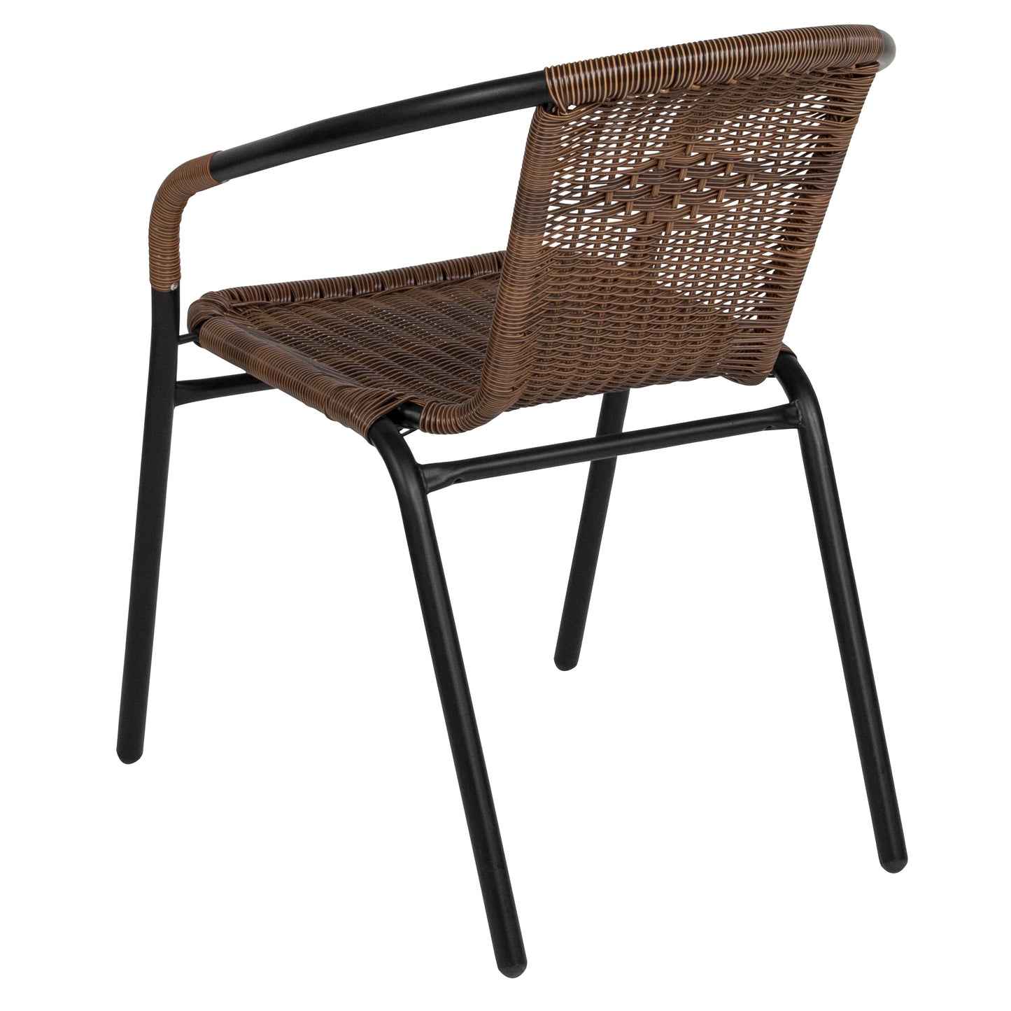 Lila 28'' Round Glass Metal Table with Dark Brown Rattan Edging and 4 Dark Brown Rattan Stack Chairs Dark Brown