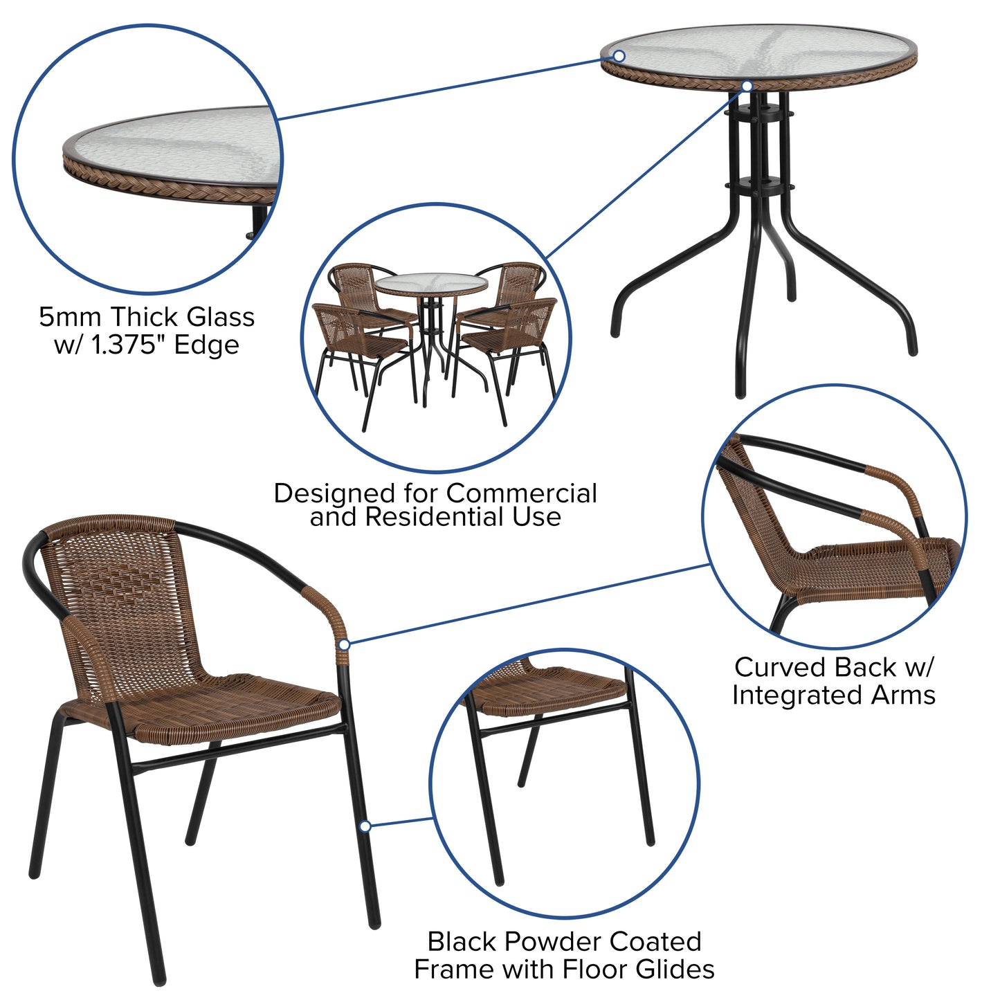 Lila 28'' Round Glass Metal Table with Dark Brown Rattan Edging and 4 Dark Brown Rattan Stack Chairs Dark Brown