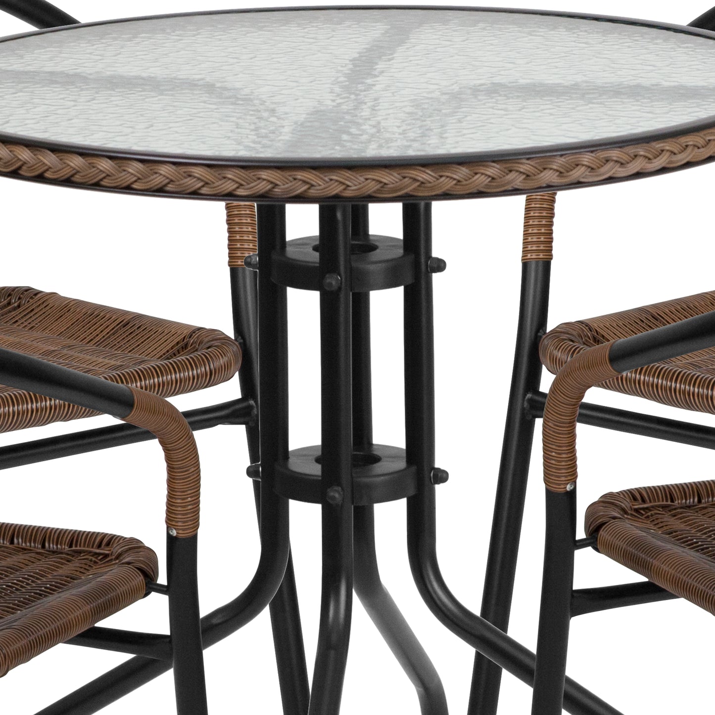 Lila 28'' Round Glass Metal Table with Dark Brown Rattan Edging and 4 Dark Brown Rattan Stack Chairs Dark Brown