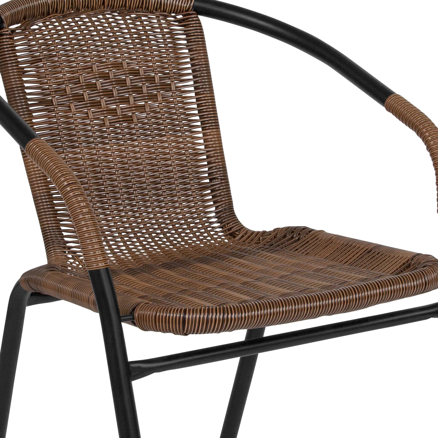 Lila 28'' Round Glass Metal Table with Dark Brown Rattan Edging and 4 Dark Brown Rattan Stack Chairs Dark Brown