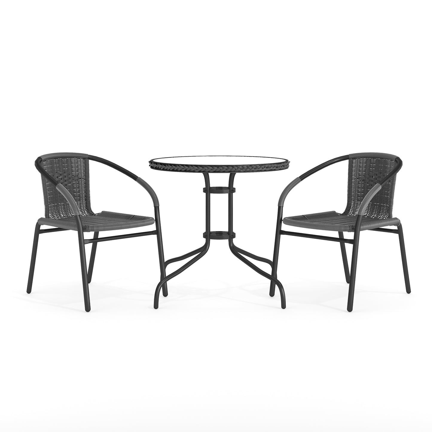 Lila 28'' Round Glass Metal Table with Gray Rattan Edging and 2 Gray Rattan Stack Chairs Gray