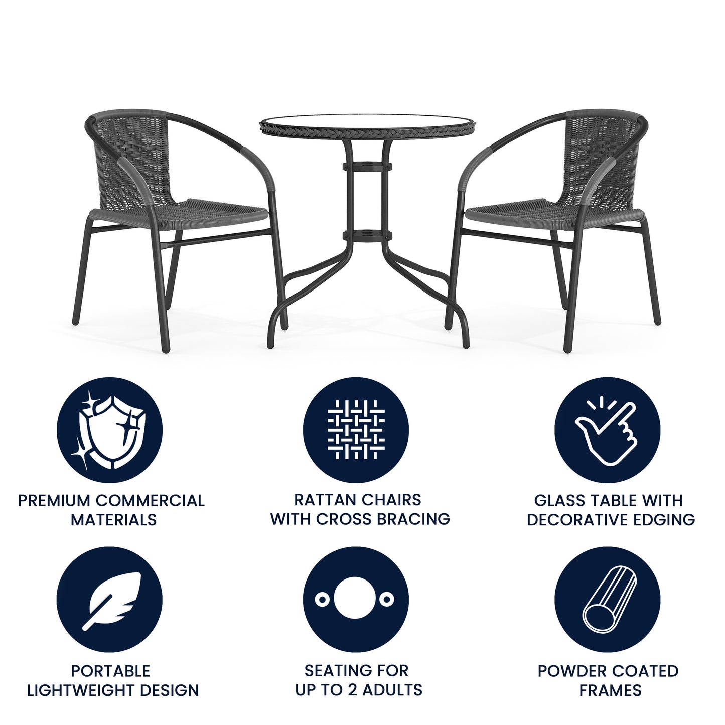 Lila 28'' Round Glass Metal Table with Gray Rattan Edging and 2 Gray Rattan Stack Chairs Gray