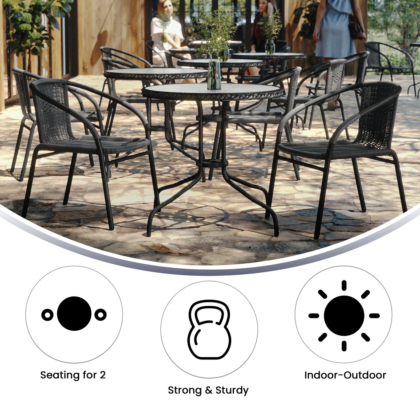 Lila 28'' Round Glass Metal Table with Gray Rattan Edging and 2 Gray Rattan Stack Chairs Gray