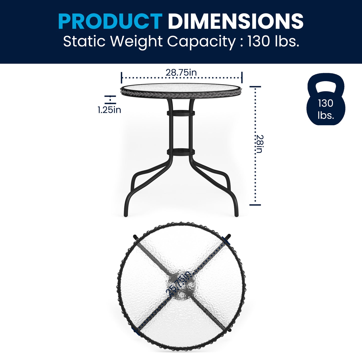 Lila 28'' Round Glass Metal Table with Gray Rattan Edging and 2 Gray Rattan Stack Chairs Gray