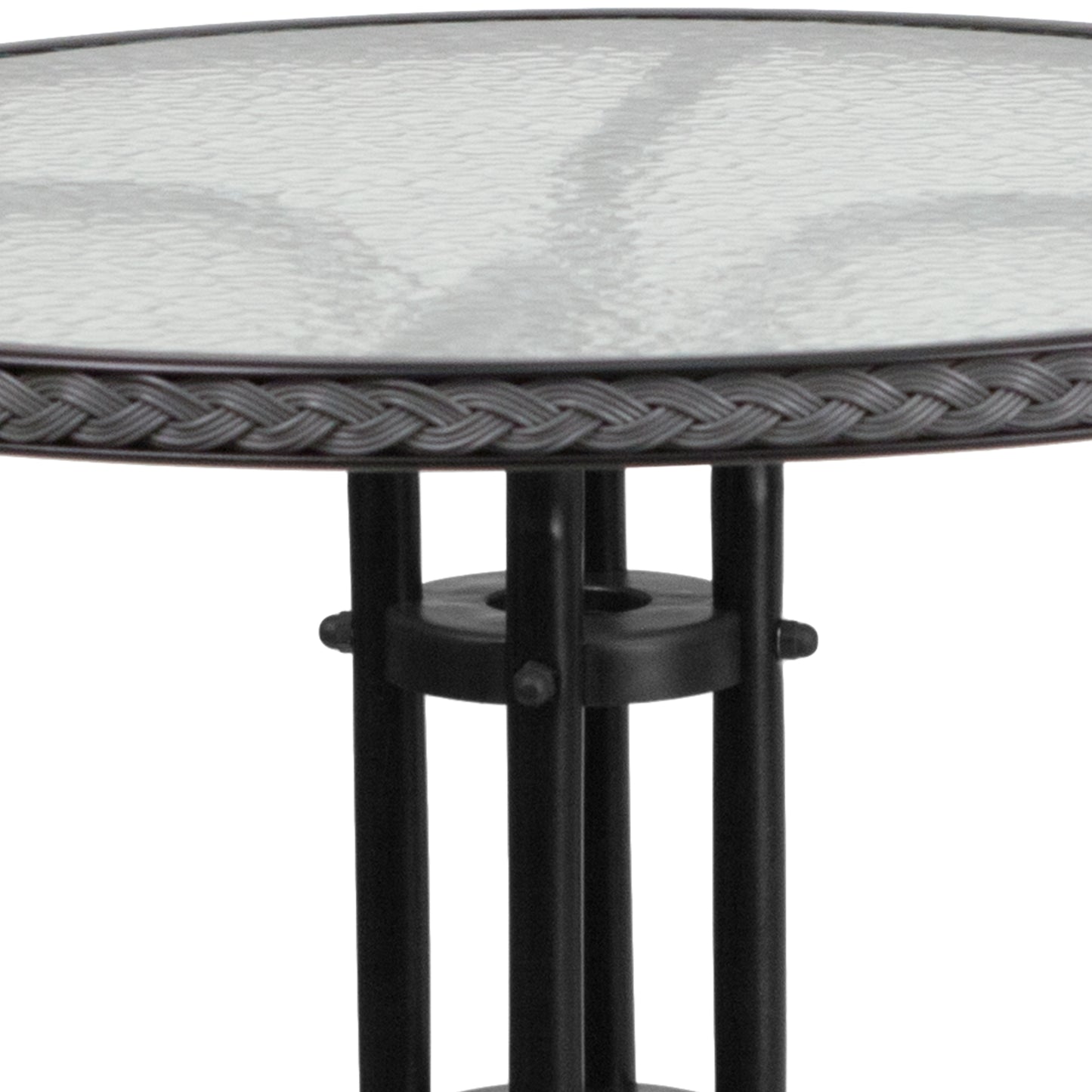 Lila 28'' Round Glass Metal Table with Gray Rattan Edging and 2 Gray Rattan Stack Chairs Gray