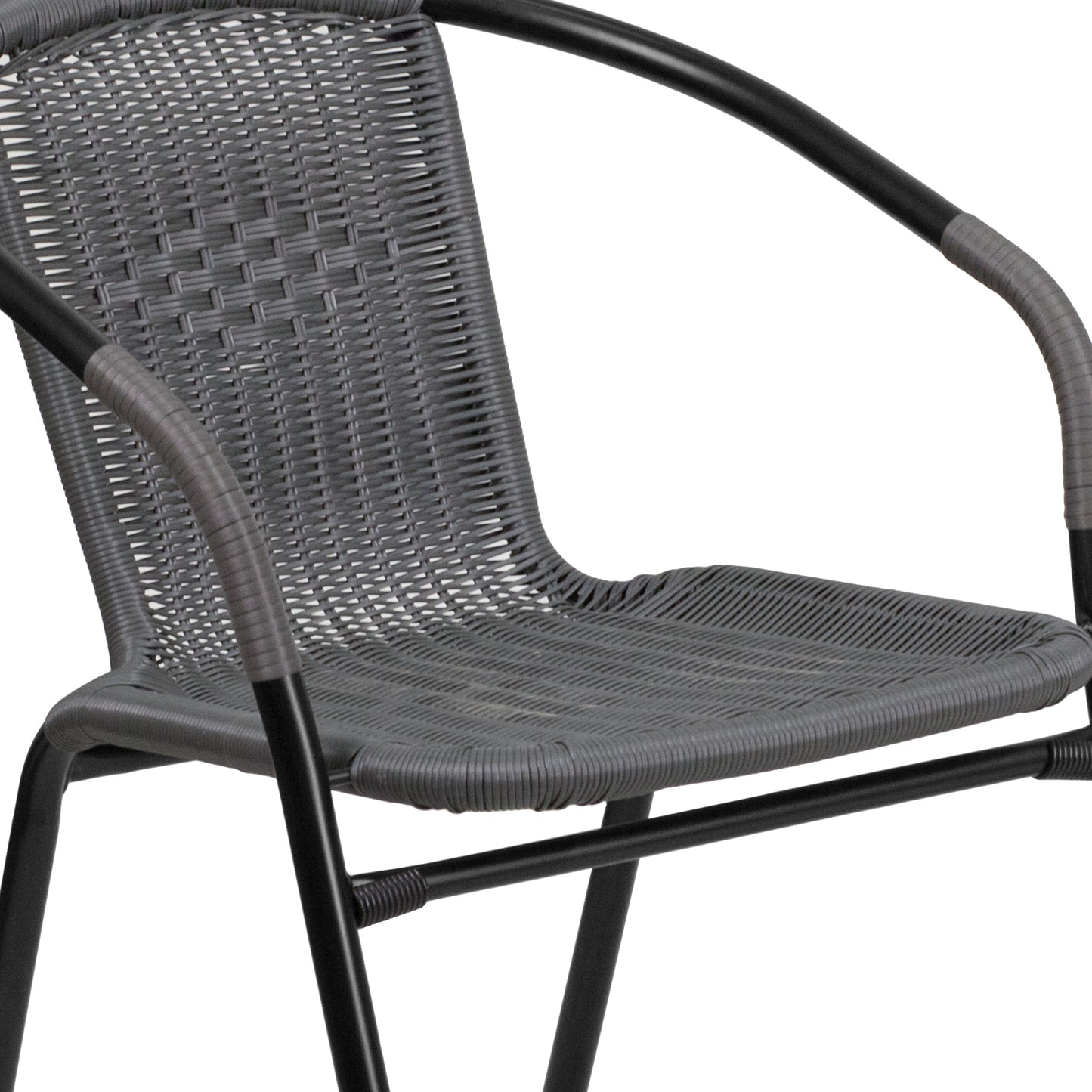 Lila 28'' Round Glass Metal Table with Gray Rattan Edging and 2 Gray Rattan Stack Chairs Gray