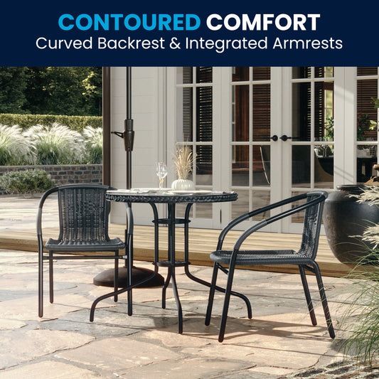 Lila 28'' Round Glass Metal Table with Gray Rattan Edging and 2 Gray Rattan Stack Chairs Gray