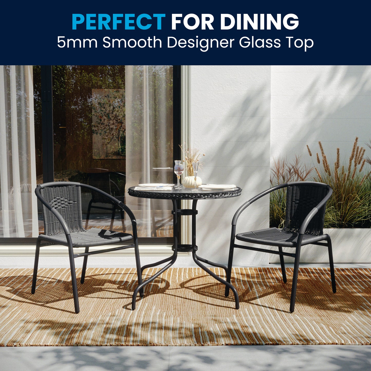 Lila 28'' Round Glass Metal Table with Gray Rattan Edging and 2 Gray Rattan Stack Chairs Gray