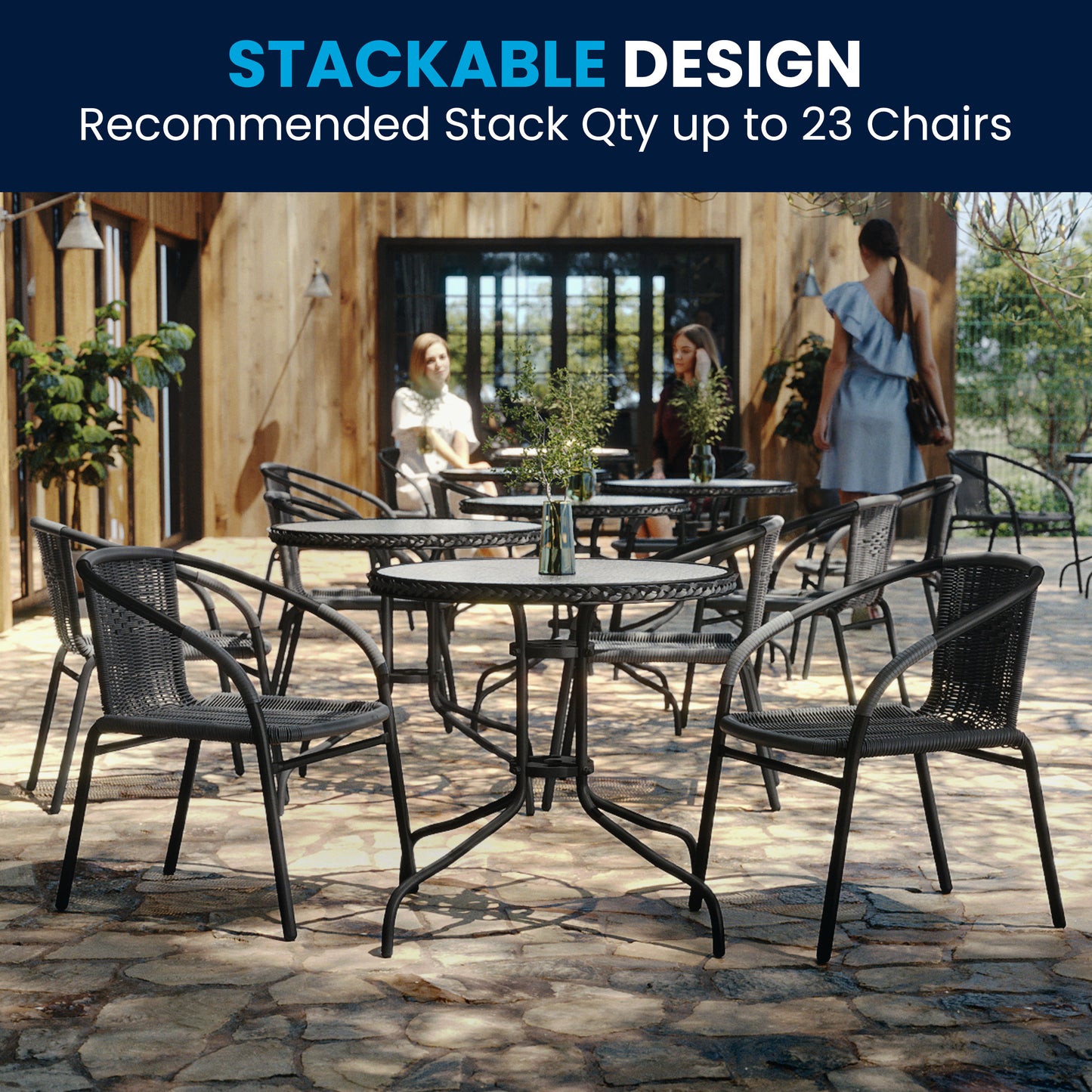 Lila 28'' Round Glass Metal Table with Gray Rattan Edging and 2 Gray Rattan Stack Chairs Gray
