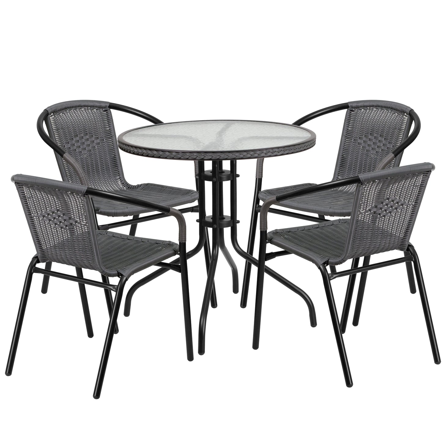 Lila 28'' Round Glass Metal Table with Gray Rattan Edging and 4 Gray Rattan Stack Chairs Gray