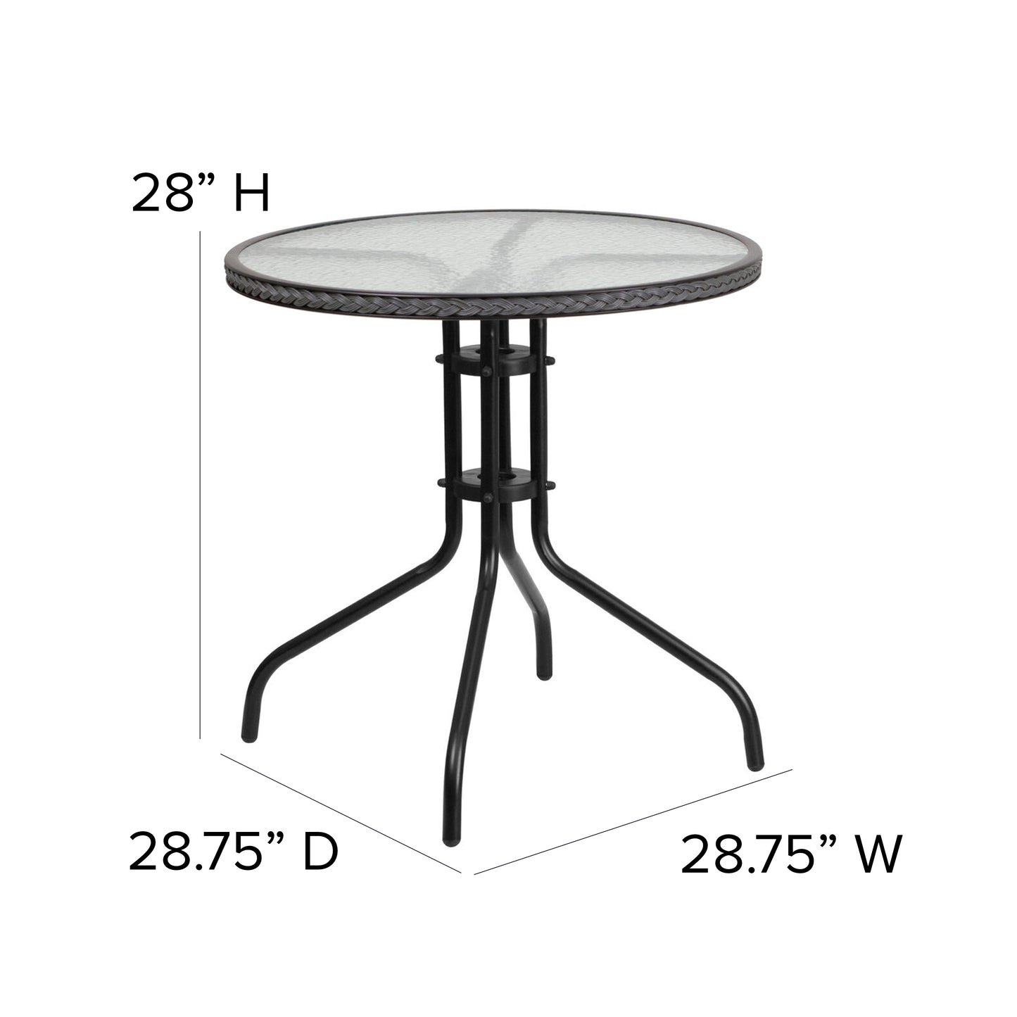 Lila 28'' Round Glass Metal Table with Gray Rattan Edging and 4 Gray Rattan Stack Chairs Gray