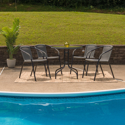 Lila 28'' Round Glass Metal Table with Gray Rattan Edging and 4 Gray Rattan Stack Chairs Gray