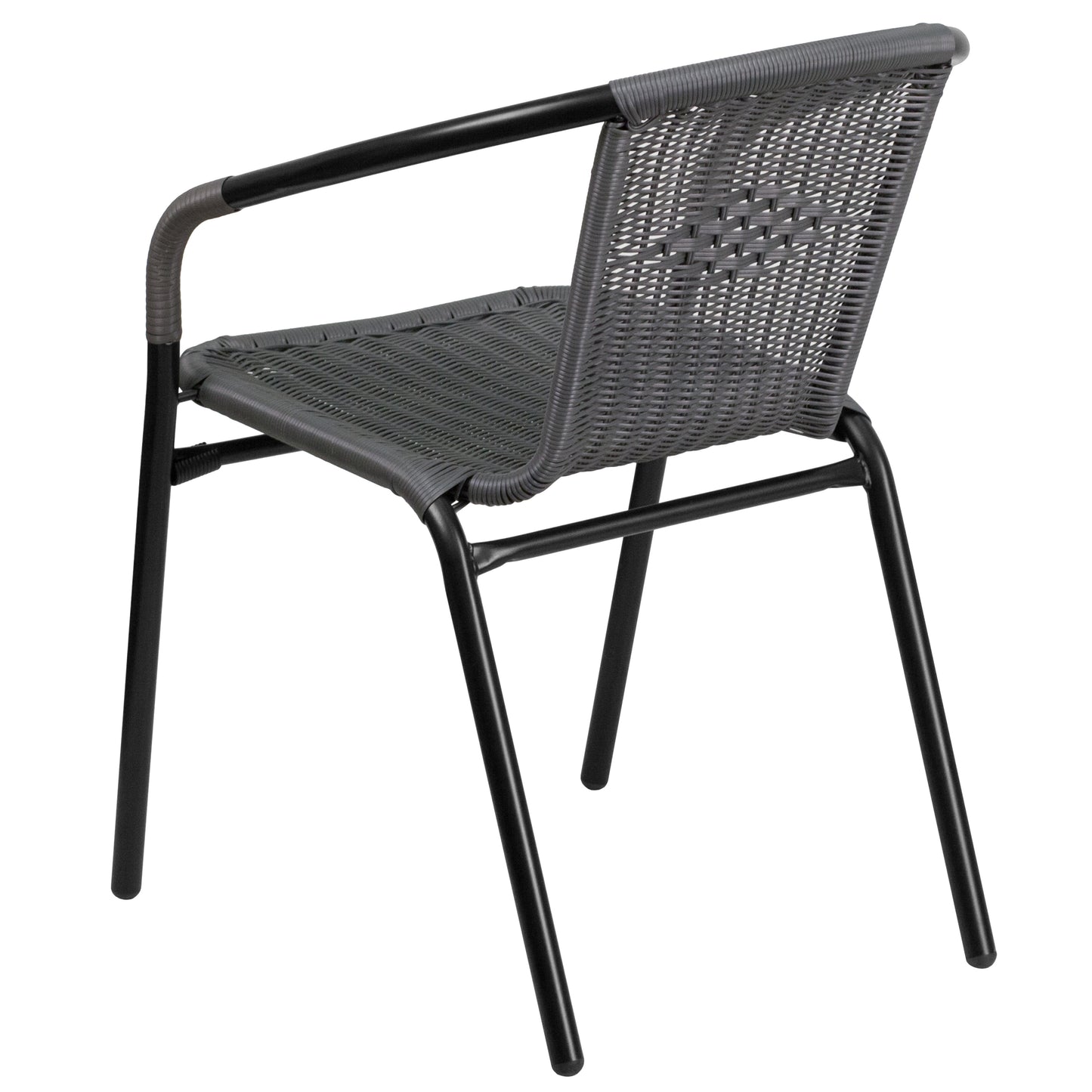 Lila 28'' Round Glass Metal Table with Gray Rattan Edging and 4 Gray Rattan Stack Chairs Gray