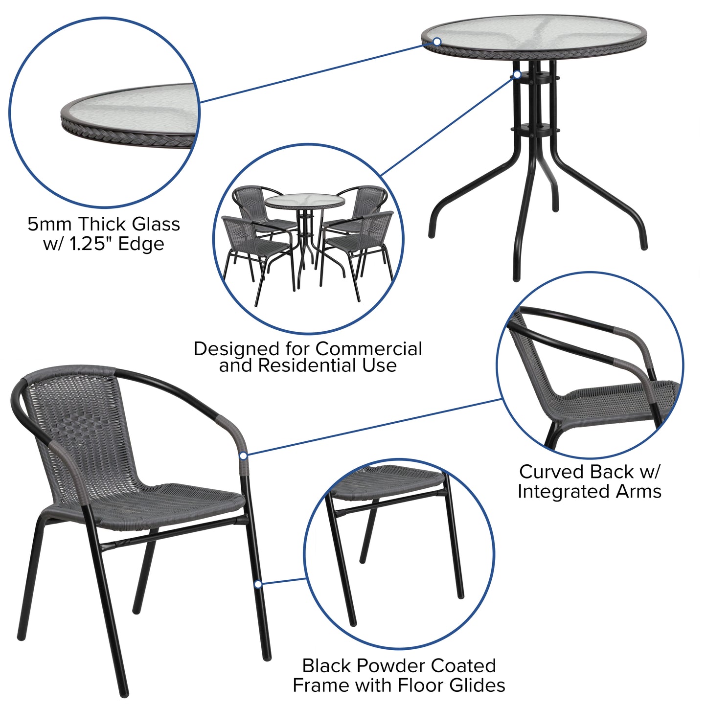 Lila 28'' Round Glass Metal Table with Gray Rattan Edging and 4 Gray Rattan Stack Chairs Gray