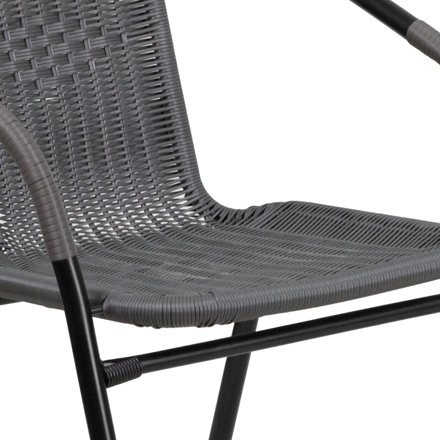 Lila 28'' Round Glass Metal Table with Gray Rattan Edging and 4 Gray Rattan Stack Chairs Gray