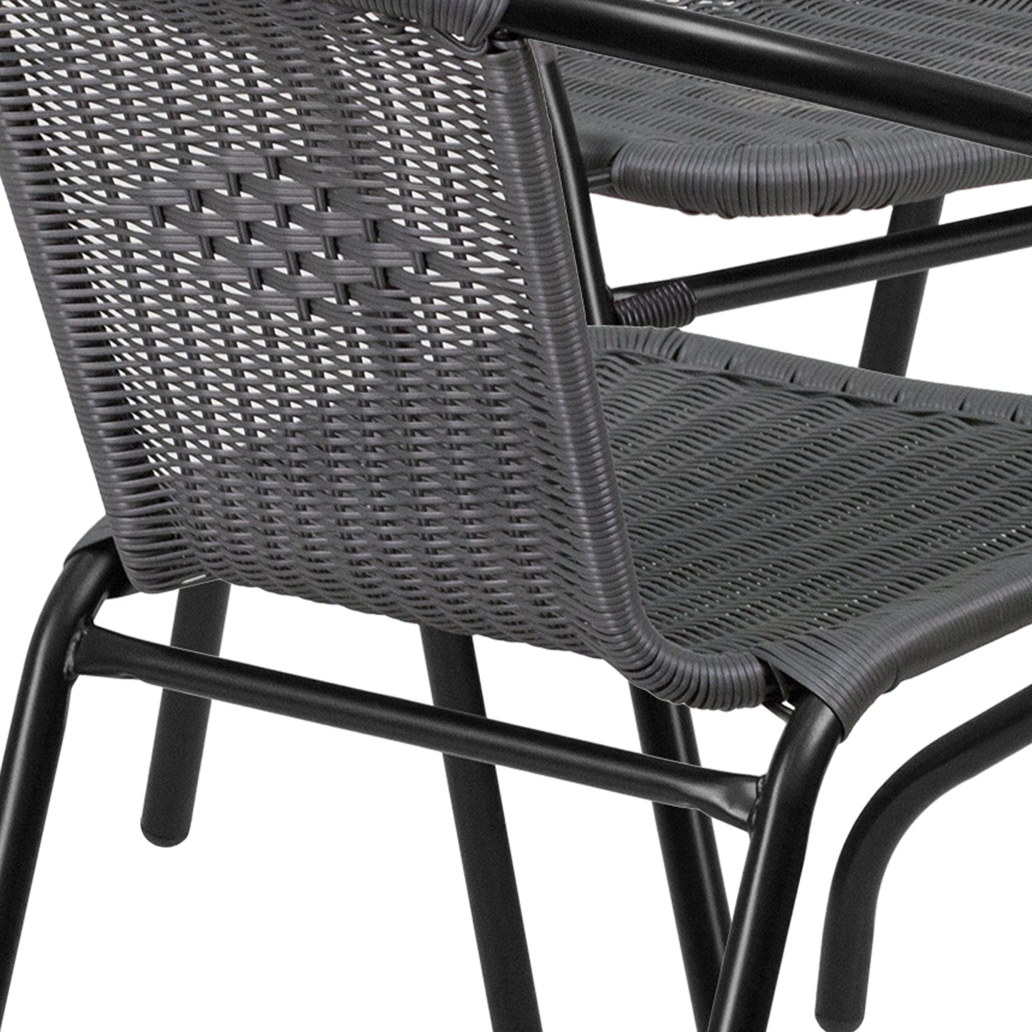 Lila 28'' Round Glass Metal Table with Gray Rattan Edging and 4 Gray Rattan Stack Chairs Gray