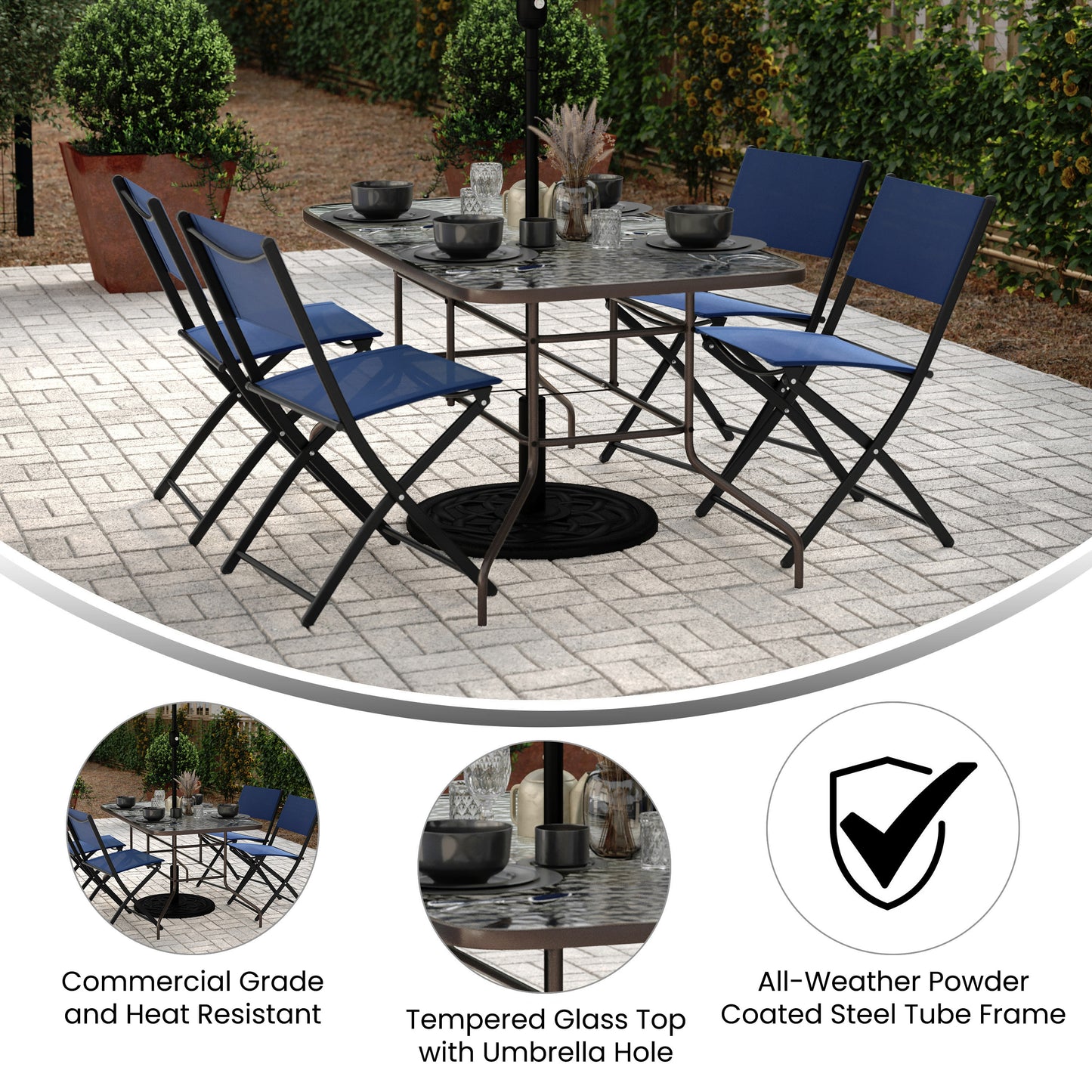 Tory 31.5" x 55" Bronze Rectangular Tempered Glass Metal Table with Umbrella Hole Clear Top/Bronze Frame TLH-089-BZ-GG