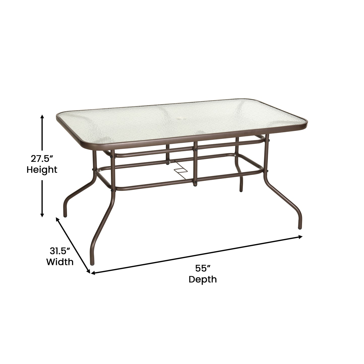 Tory 31.5" x 55" Bronze Rectangular Tempered Glass Metal Table with Umbrella Hole Clear Top/Bronze Frame TLH-089-BZ-GG
