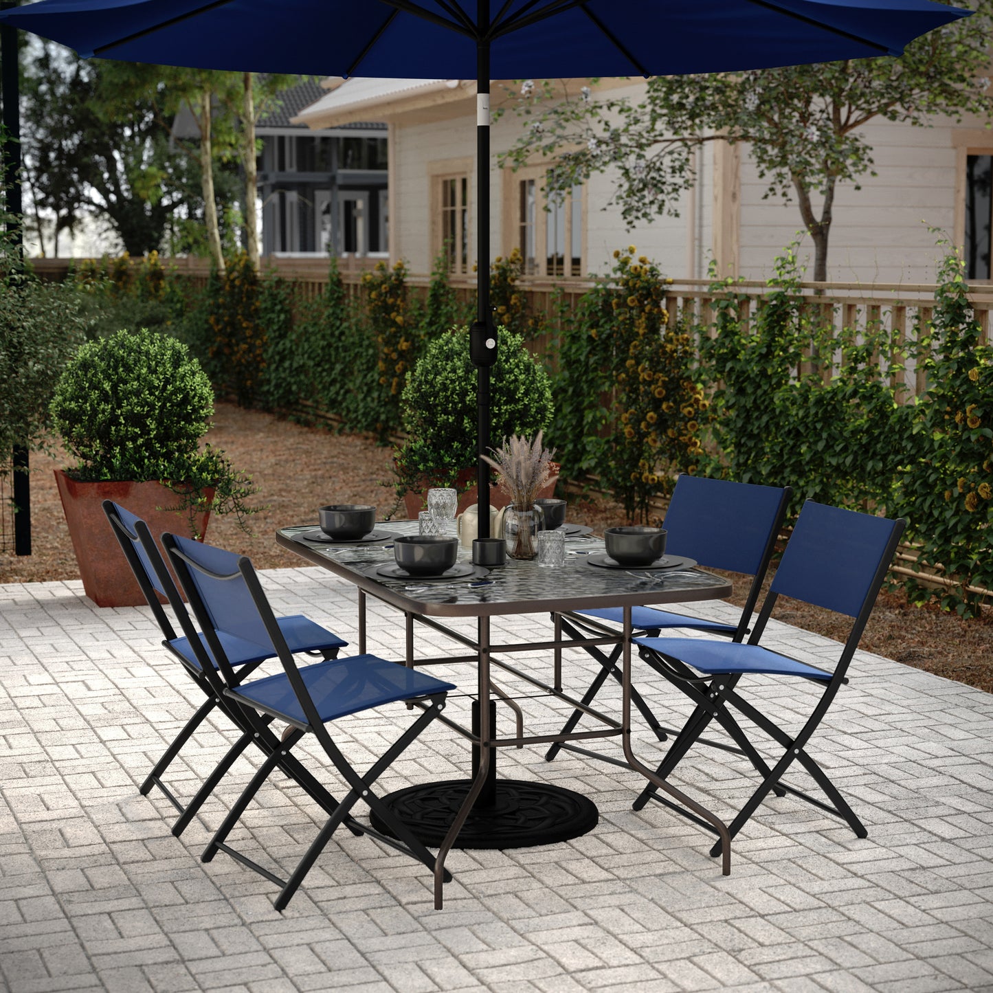 Tory 31.5" x 55" Bronze Rectangular Tempered Glass Metal Table with Umbrella Hole Clear Top/Bronze Frame TLH-089-BZ-GG