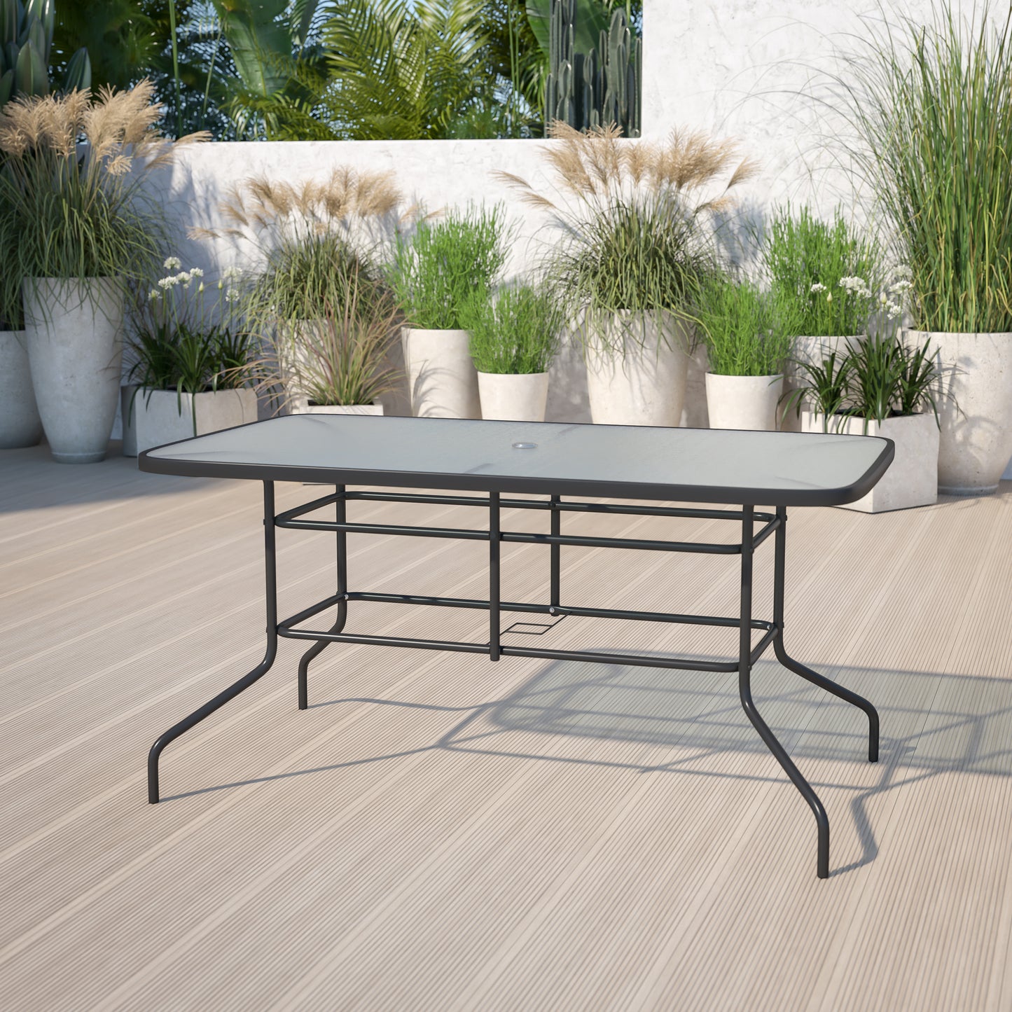 Tory 31.5" x 55" Rectangular Tempered Glass Metal Table with Umbrella Hole Clear Top/Black Frame