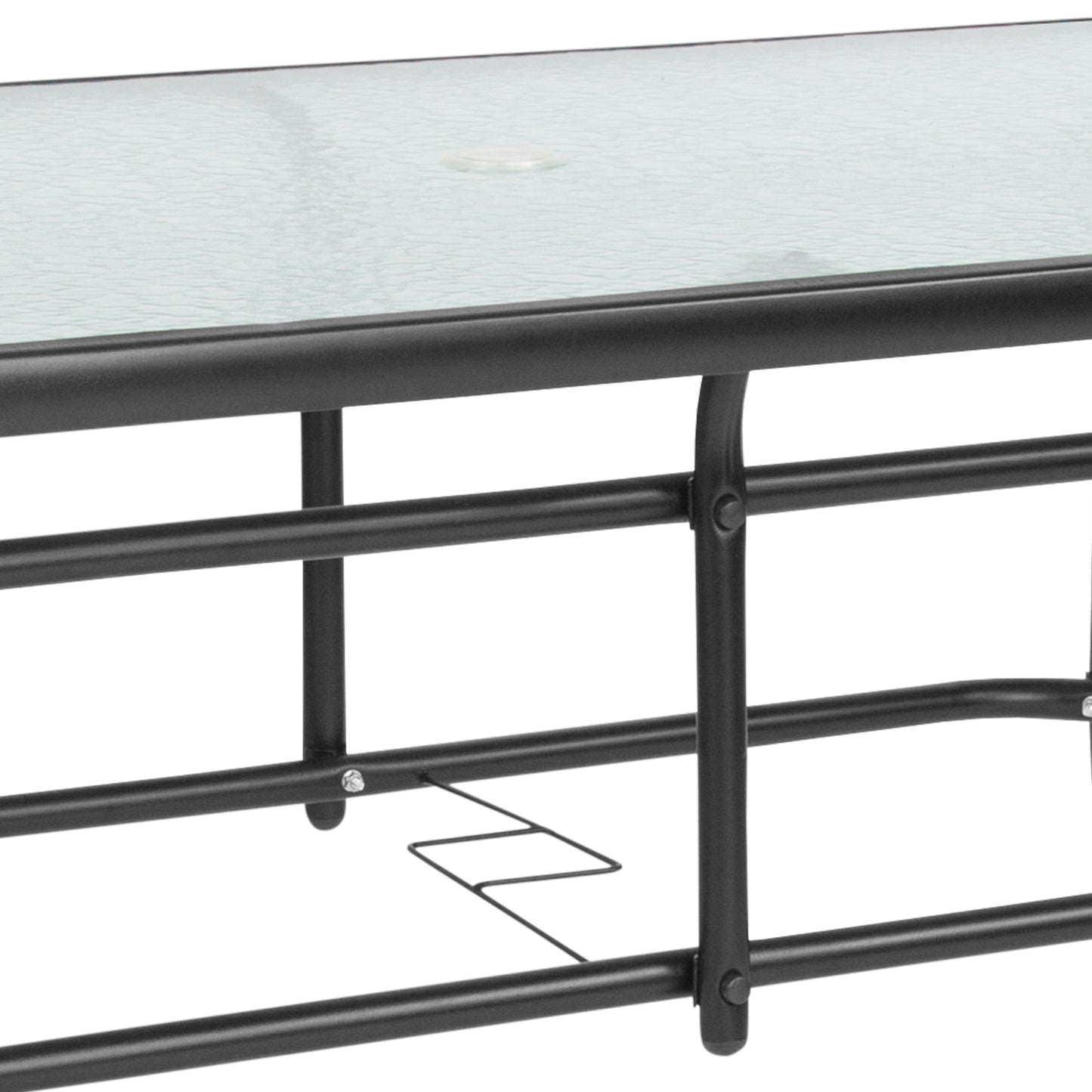 Tory 31.5" x 55" Rectangular Tempered Glass Metal Table with Umbrella Hole Clear Top/Black Frame