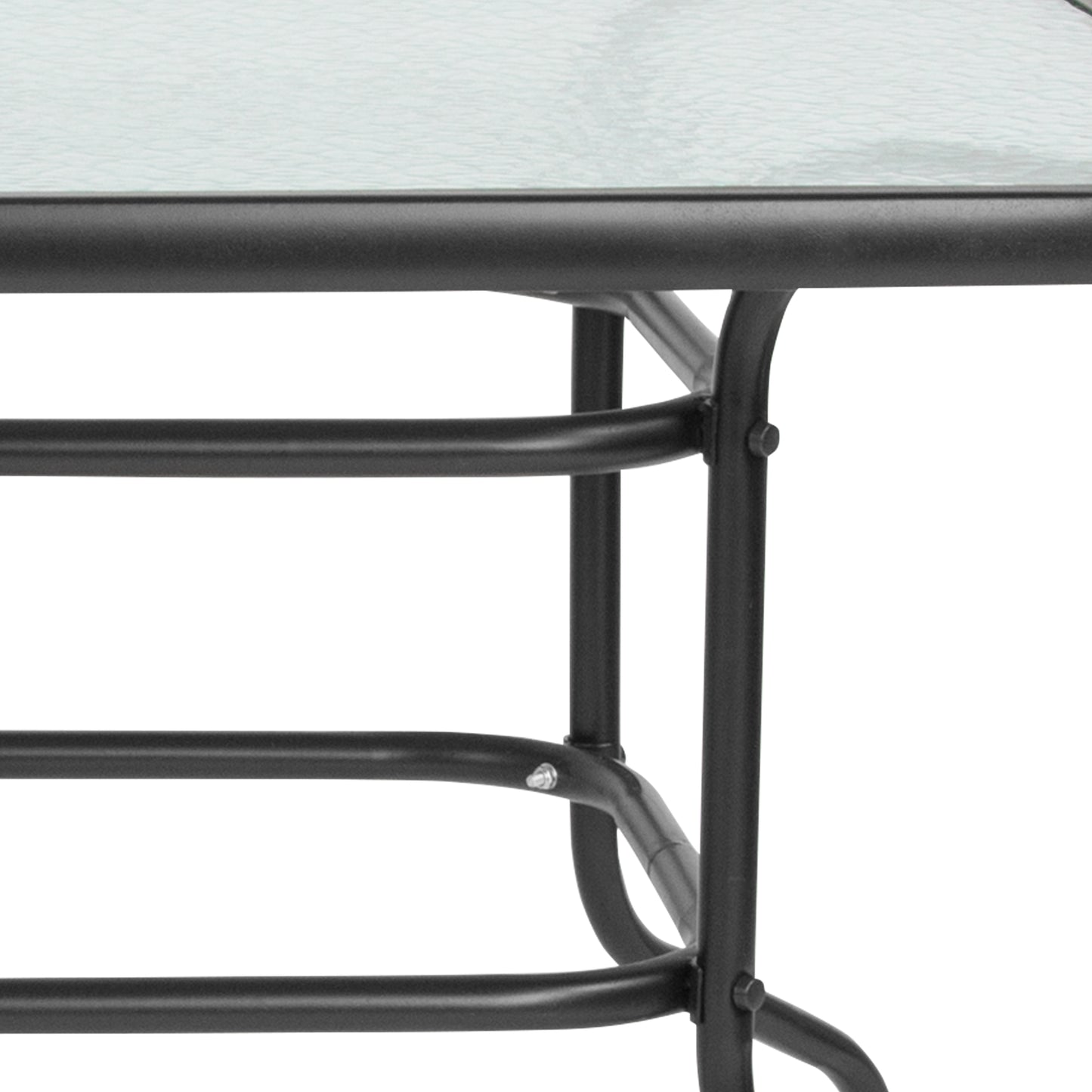 Tory 31.5" x 55" Rectangular Tempered Glass Metal Table with Umbrella Hole Clear Top/Black Frame