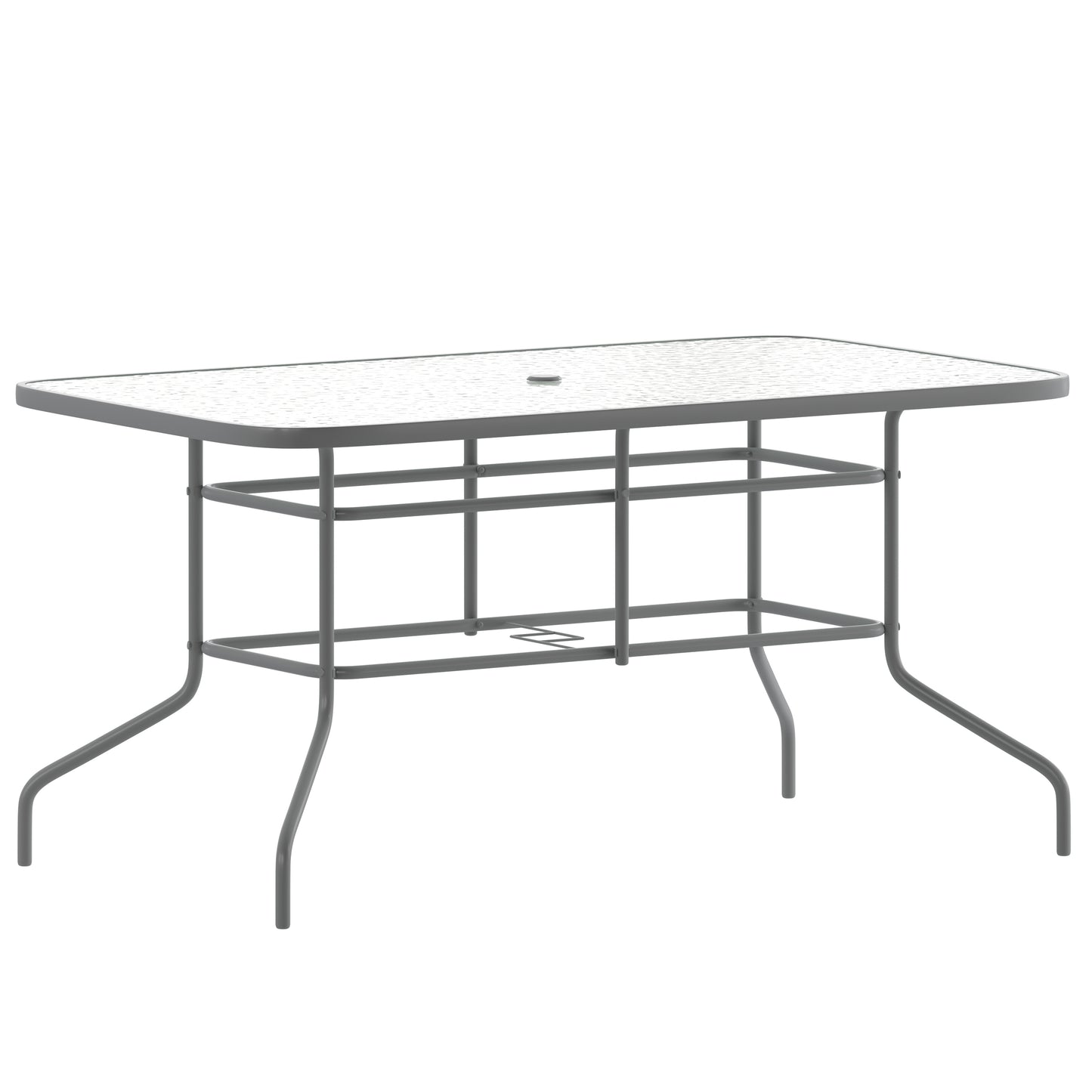 Tory 31.5" x 55" Silver Rectangular Tempered Glass Metal Table with Umbrella Hole Clear Top/Silver Frame